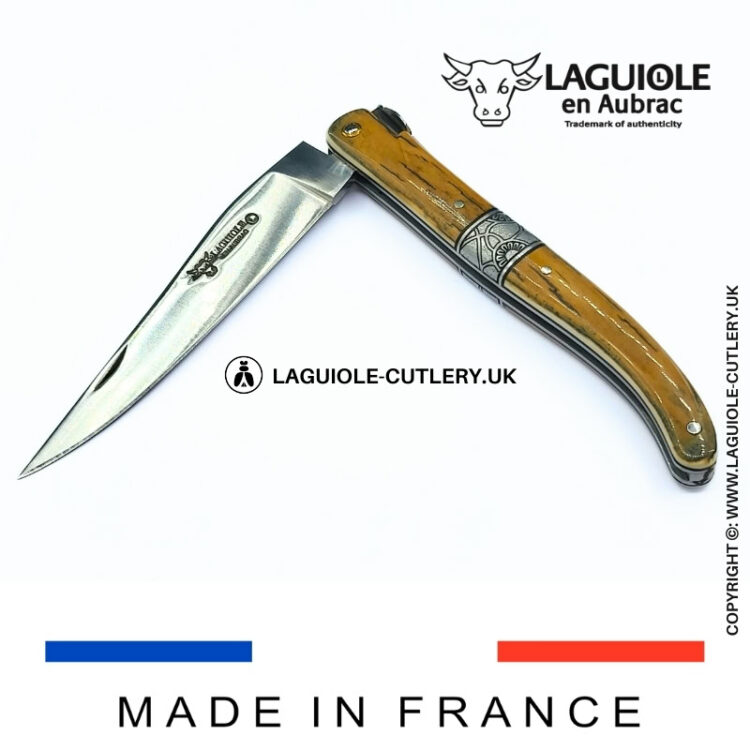 laguiole pocket knife full handle with mammoth ivory bark and central bolster
