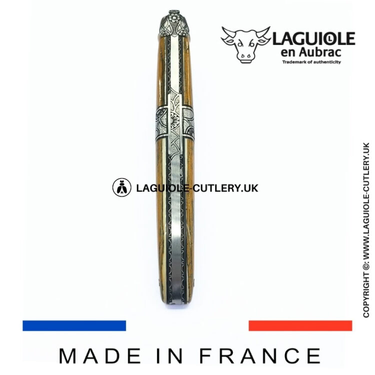 laguiole pocket knife full handle with mammoth ivory bark and central bolster