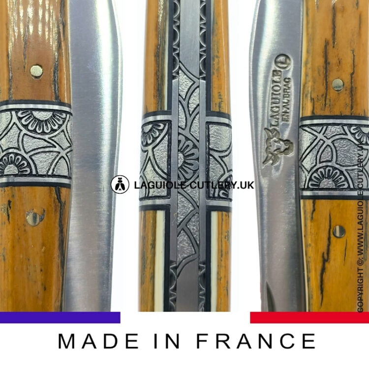 laguiole pocket knife full handle with mammoth ivory bark and central bolster