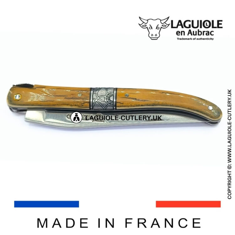 laguiole pocket knife full handle with mammoth ivory bark and central bolster