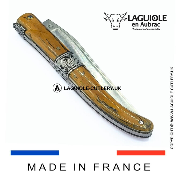 laguiole pocket knife full handle with mammoth ivory bark and central bolster
