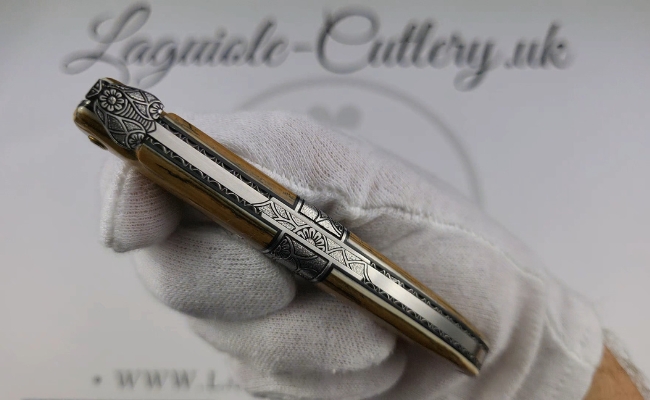 laguiole pocket knife full handle with mammoth ivory bark and central bolster