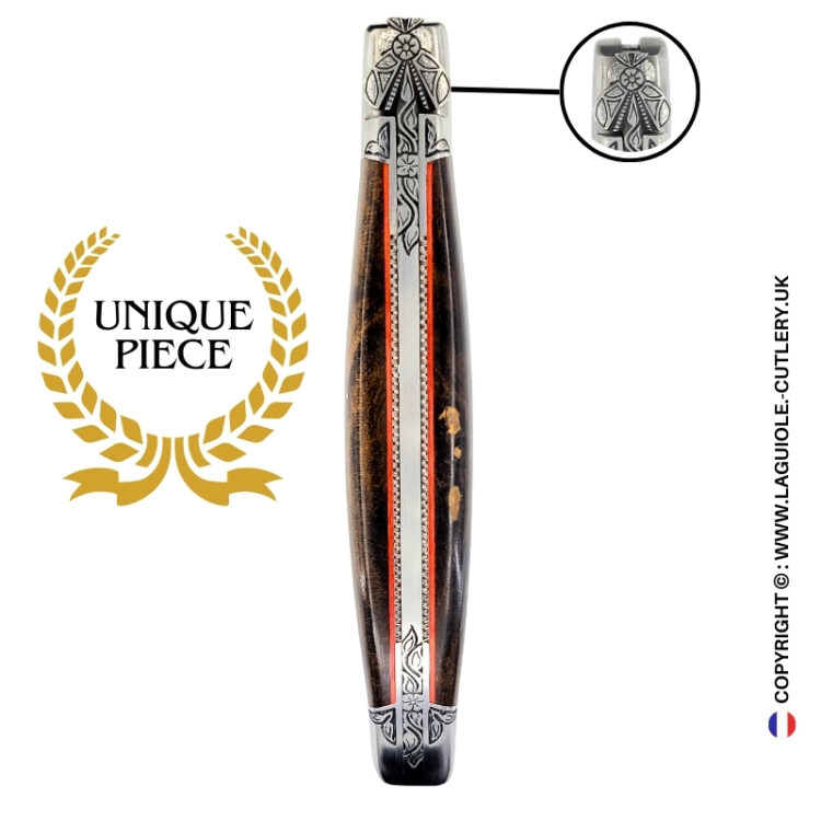 scarlet dream: laguiole pocket knife in laurel burl hand engraved bee and bolsters
