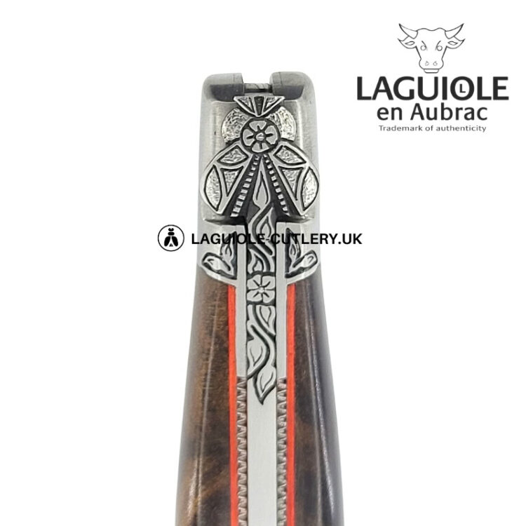 scarlet dream: laguiole pocket knife in laurel burl hand engraved bee and bolsters