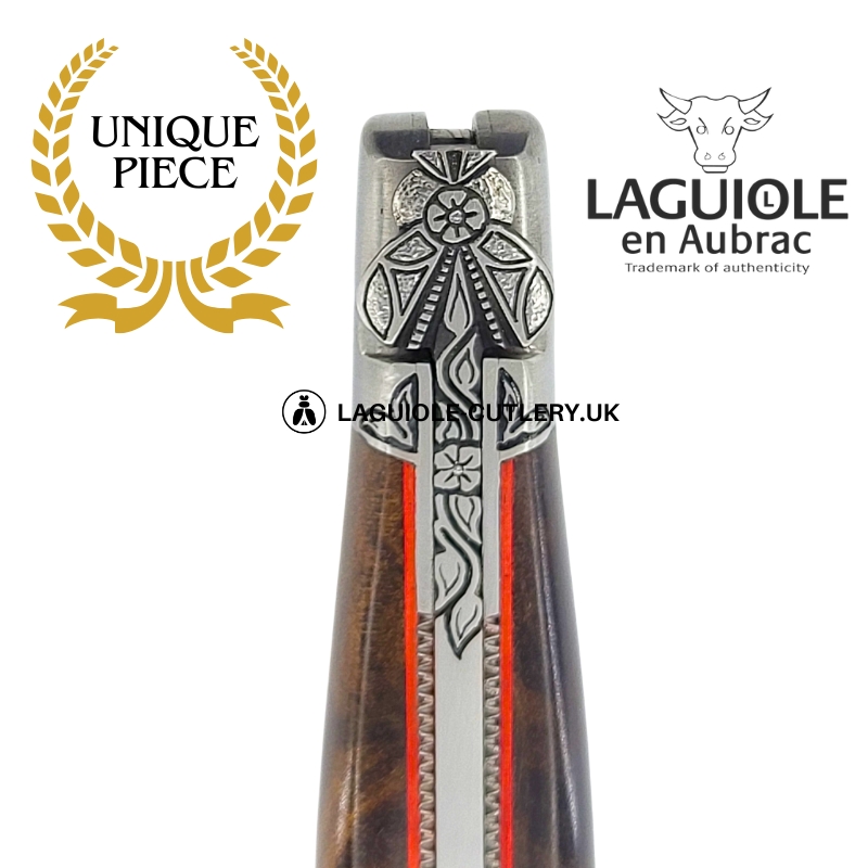 scarlet dream: laguiole pocket knife in laurel burl hand engraved bee and bolsters