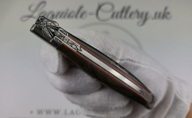 scarlet dream: laguiole pocket knife in laurel burl hand engraved bee and bolsters