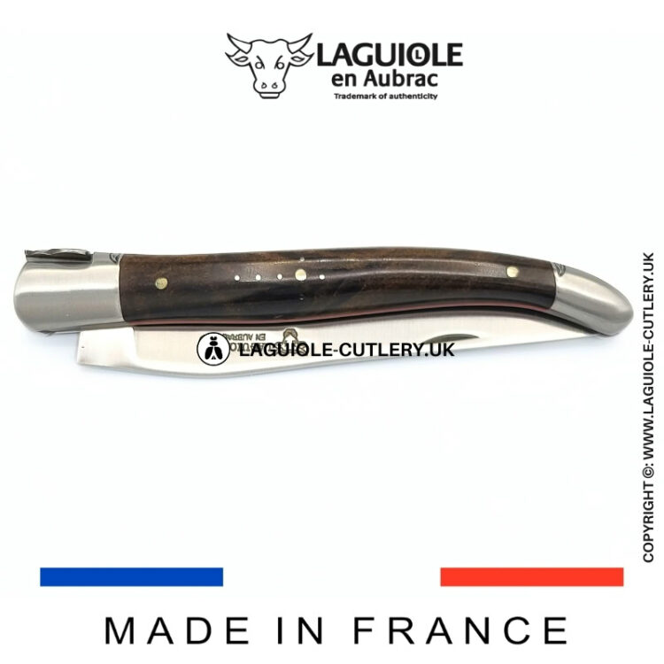 scarlet dream: laguiole pocket knife in laurel burl hand engraved bee and bolsters