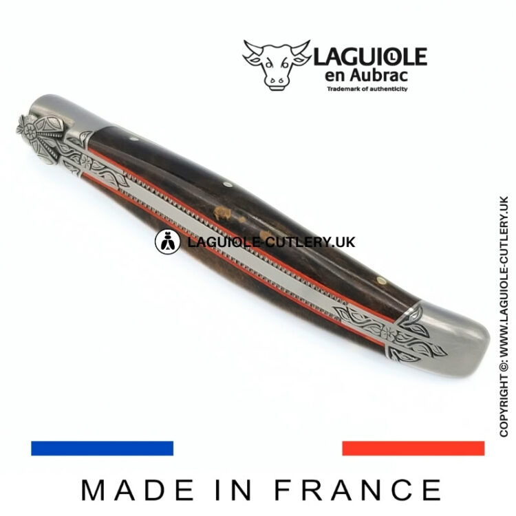 scarlet dream: laguiole pocket knife in laurel burl hand engraved bee and bolsters