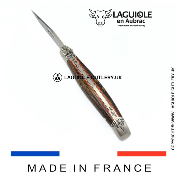 scarlet dream: laguiole pocket knife in laurel burl hand engraved bee and bolsters