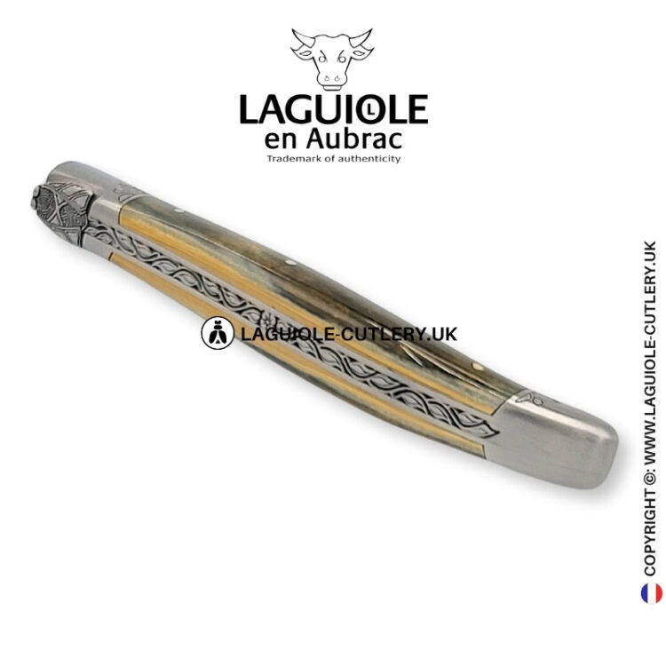 arctic heritage: laguiole knife in green blue fossilized ivory – chiseled bolsters and spring