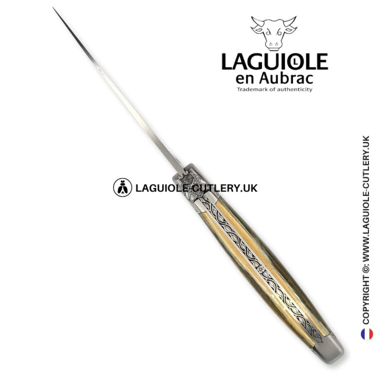 arctic heritage: laguiole knife in green blue fossilized ivory – chiseled bolsters and spring
