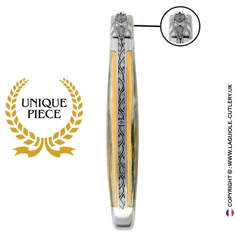 arctic heritage: laguiole knife in green blue fossilized ivory – chiseled bolsters and spring