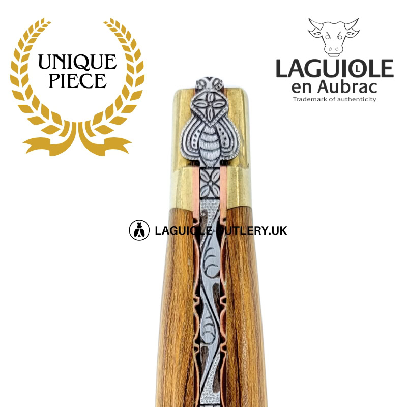 brass blossom: laguiole knife in pistachio wood – sculpted bee – brass bolsters and copper plates