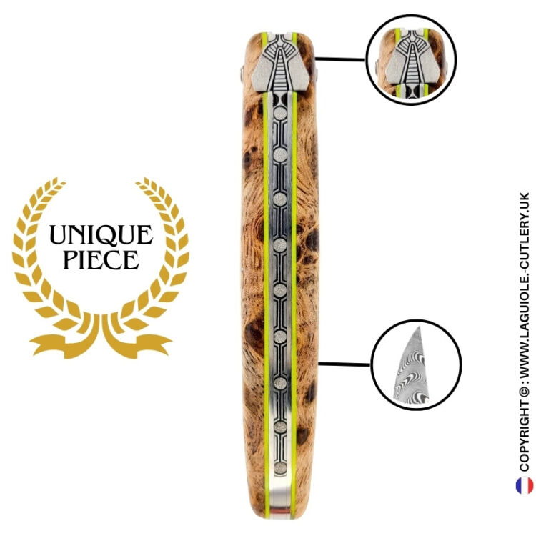damascus breeze: full handle laguiole knife in albizia – chiseled bee and spring – damascus blade