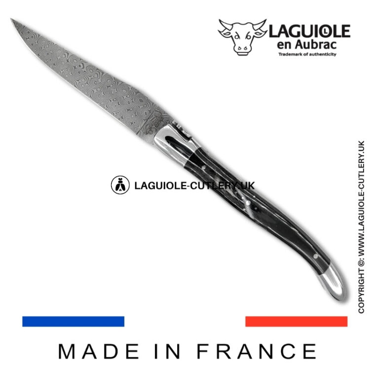 laguiole pocket knife double plates in buffalo horn with damascus blade