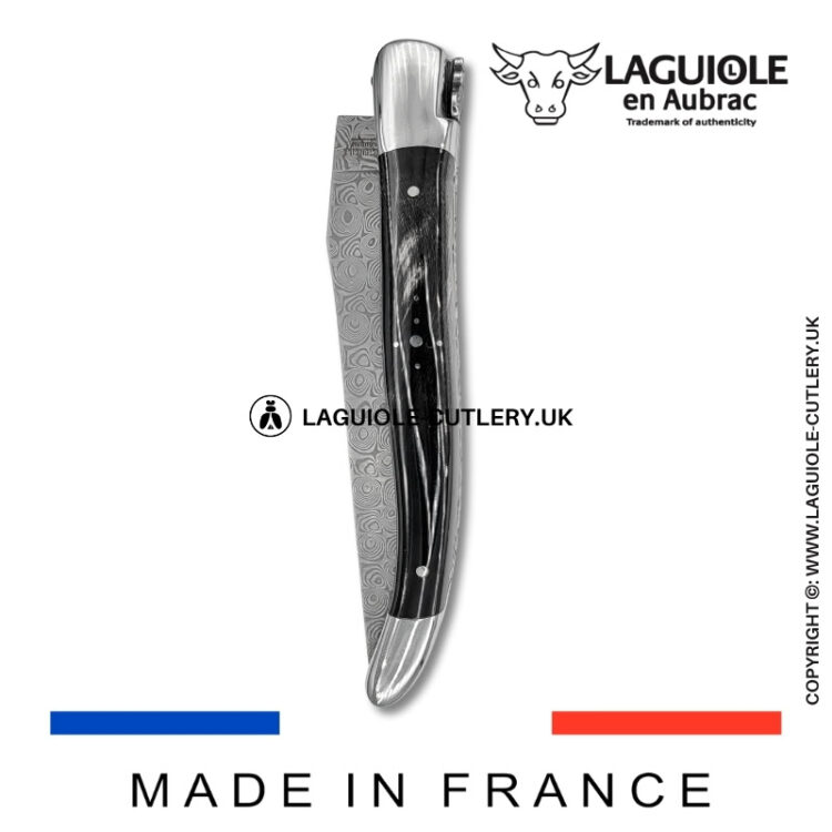 laguiole pocket knife double plates in buffalo horn with damascus blade