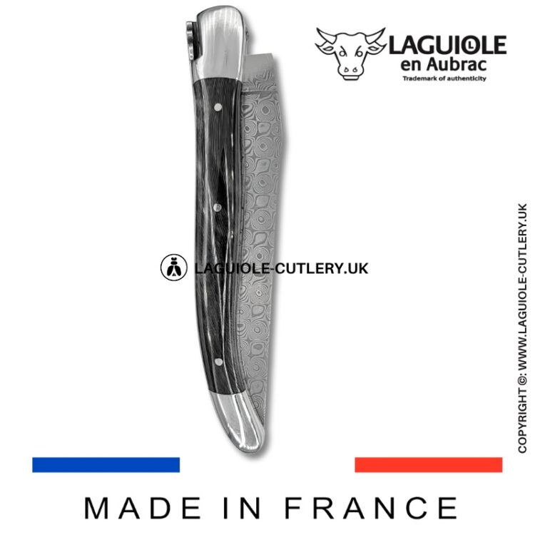 laguiole pocket knife double plates in buffalo horn with damascus blade