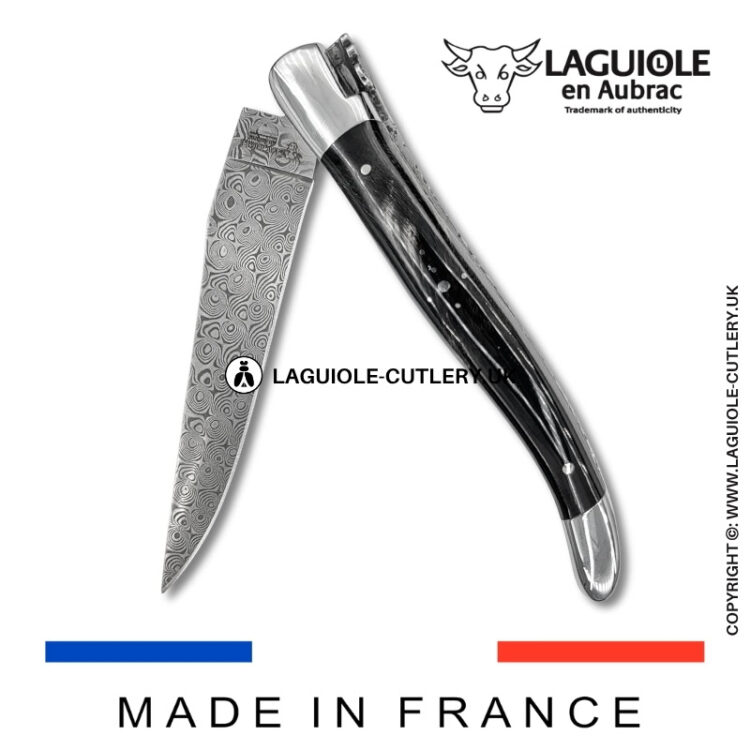 laguiole pocket knife double plates in buffalo horn with damascus blade