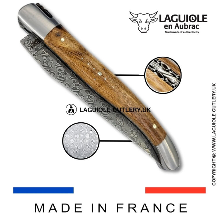 laguiole pocket knife double plates in grapevine wood with damascus blade