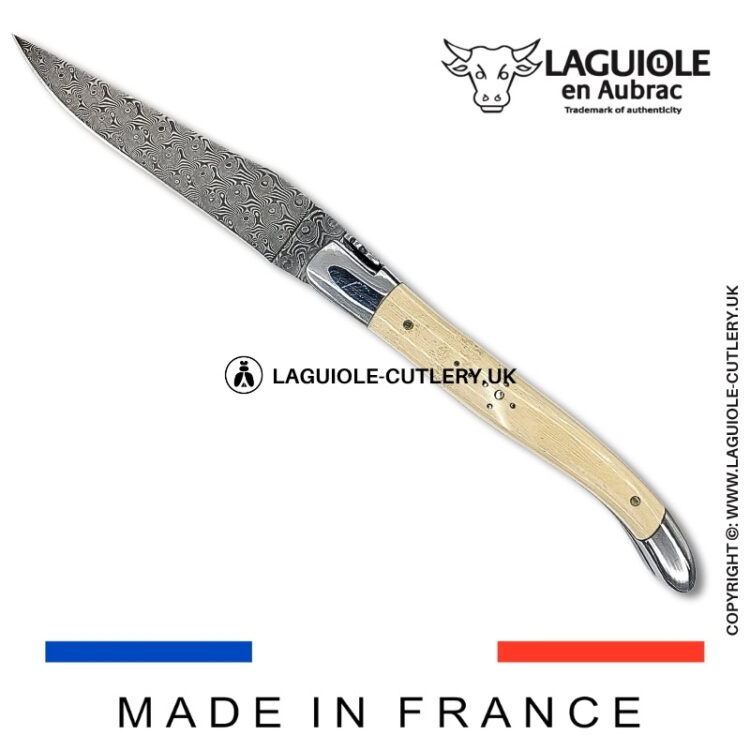 laguiole pocket knife double plates in mammoth ivory with damascus blade