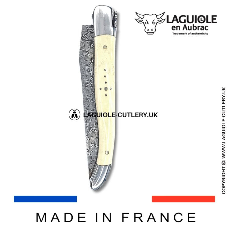 laguiole pocket knife double plates in mammoth ivory with damascus blade