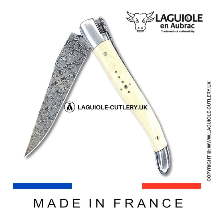 laguiole pocket knife double plates in mammoth ivory with damascus blade