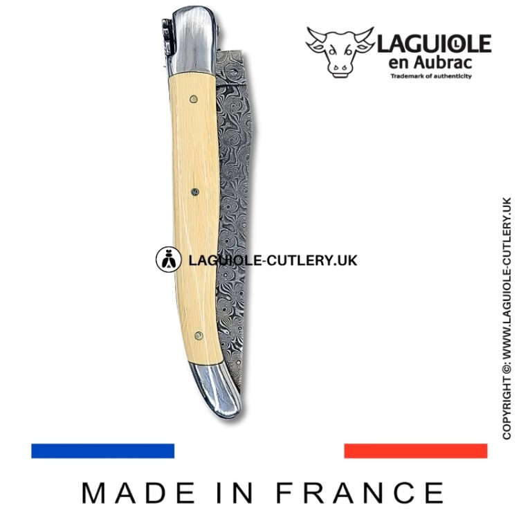 laguiole pocket knife double plates in mammoth ivory with damascus blade