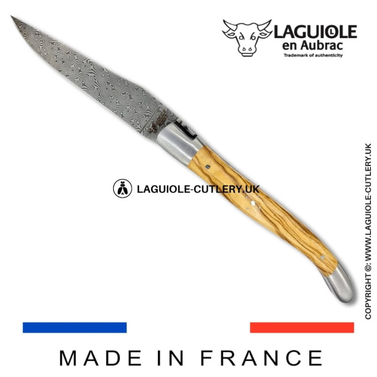 laguiole pocket knife double plates in olivewood with damascus blade