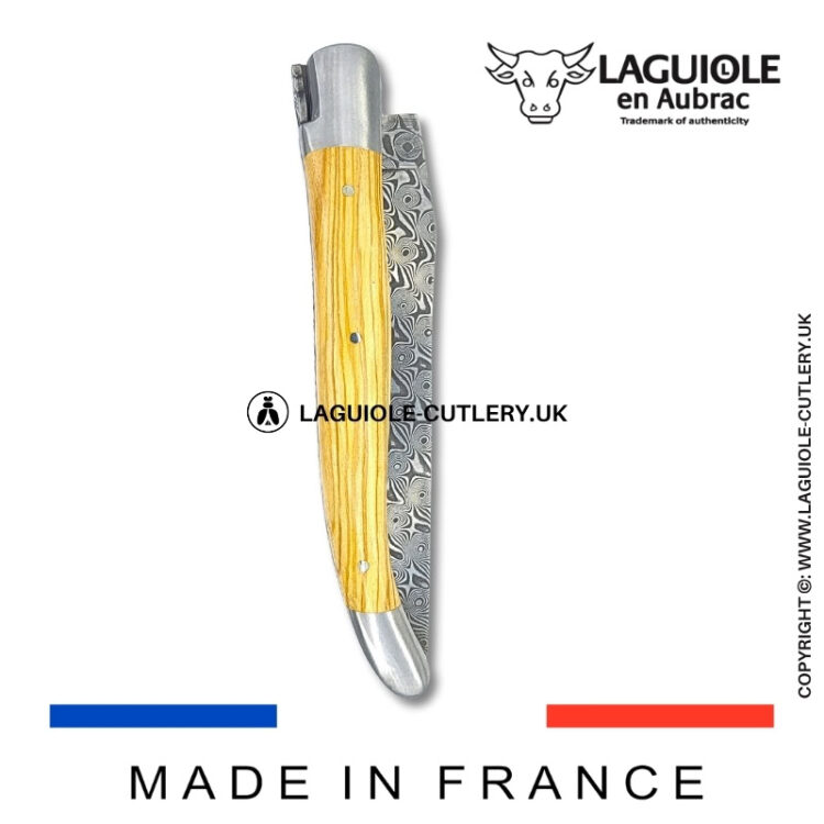 laguiole pocket knife double plates in olivewood with damascus blade
