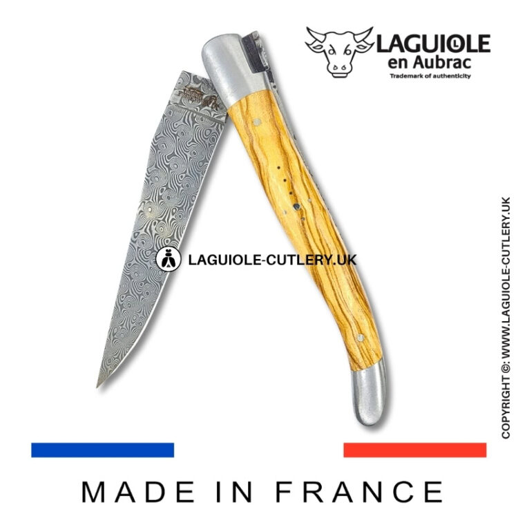 laguiole pocket knife double plates in olivewood with damascus blade
