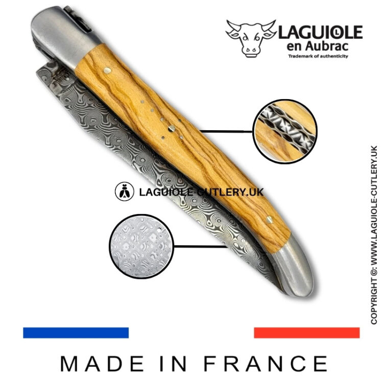 laguiole pocket knife double plates in olivewood with damascus blade