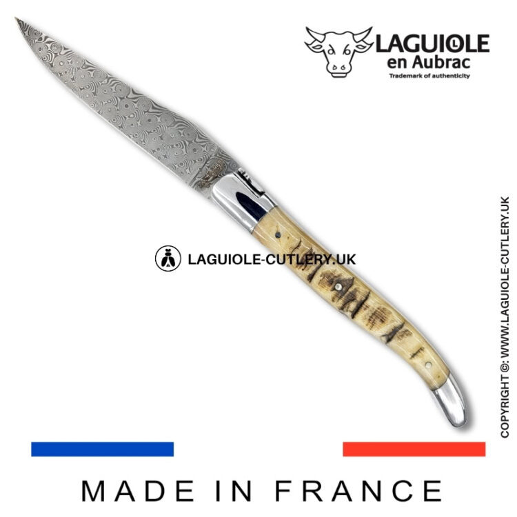 laguiole pocket knife double plates in ram horn with damascus blade