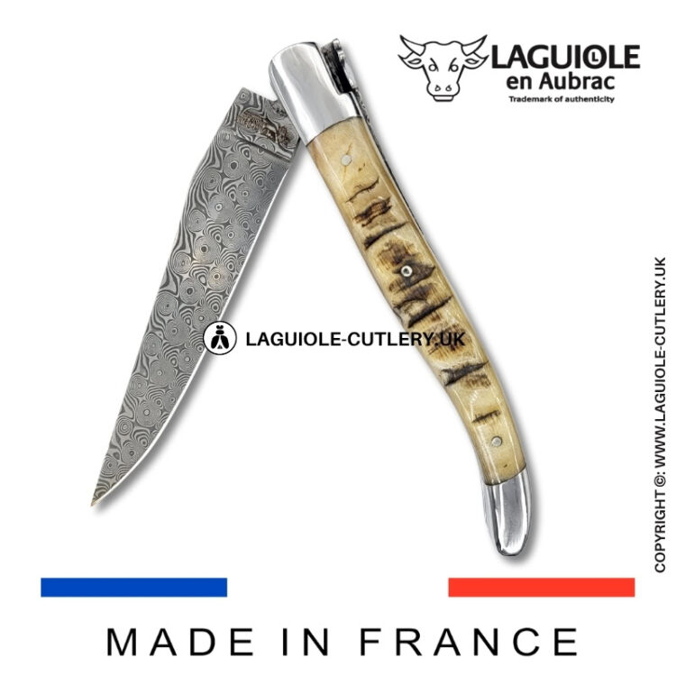 laguiole pocket knife double plates in ram horn with damascus blade
