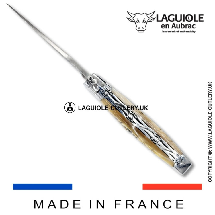 laguiole pocket knife double plates in ram horn with damascus blade