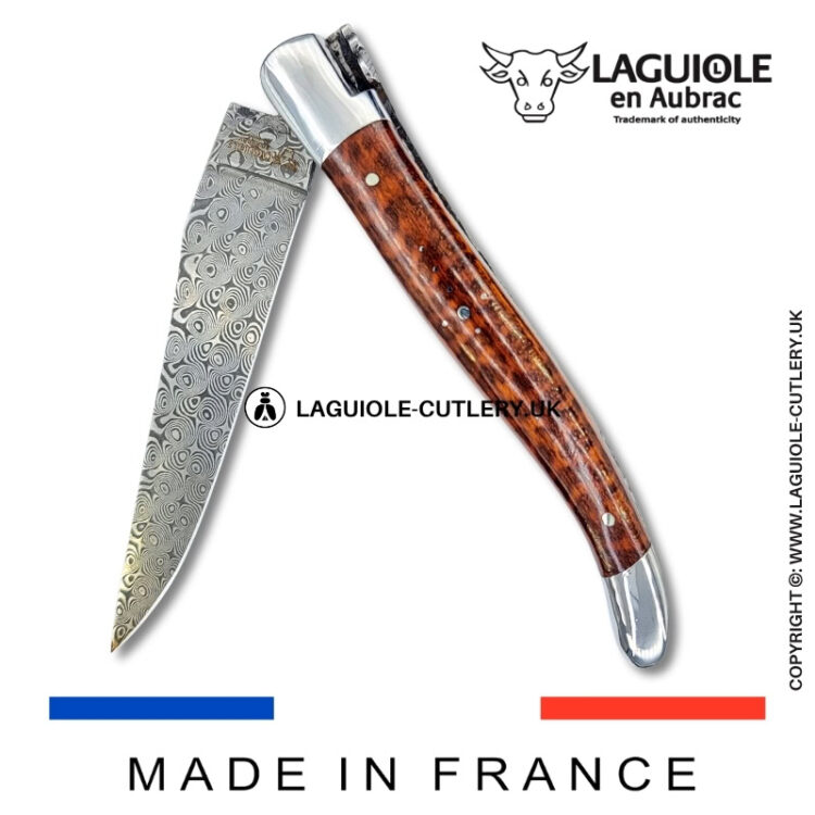 laguiole pocket knife double plates in snakewood with damascus blade