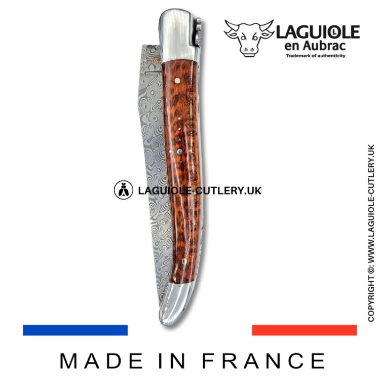 laguiole pocket knife double plates in snakewood with damascus blade
