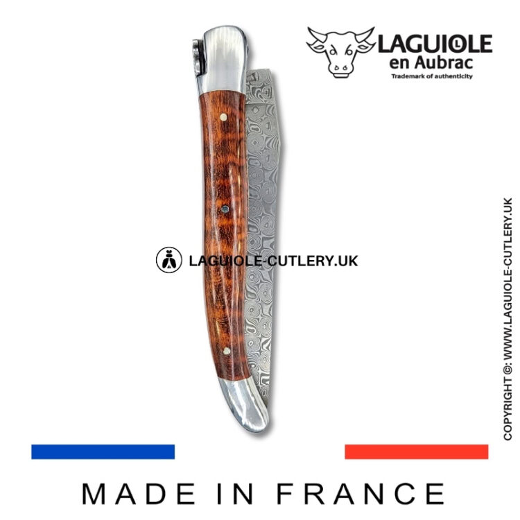 laguiole pocket knife double plates in snakewood with damascus blade