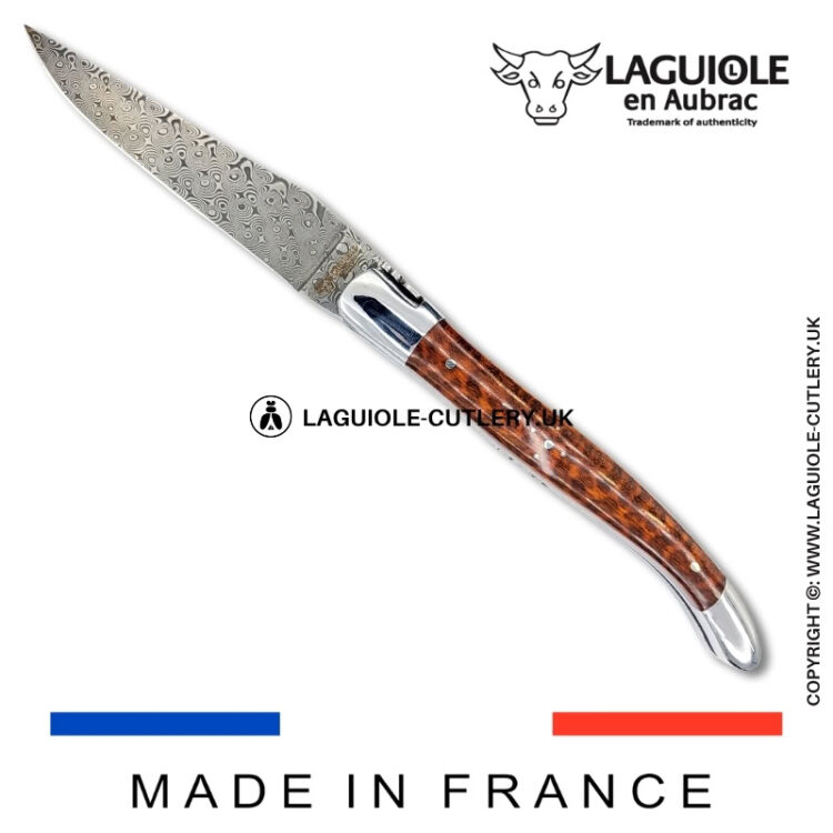 laguiole pocket knife double plates in snakewood with damascus blade