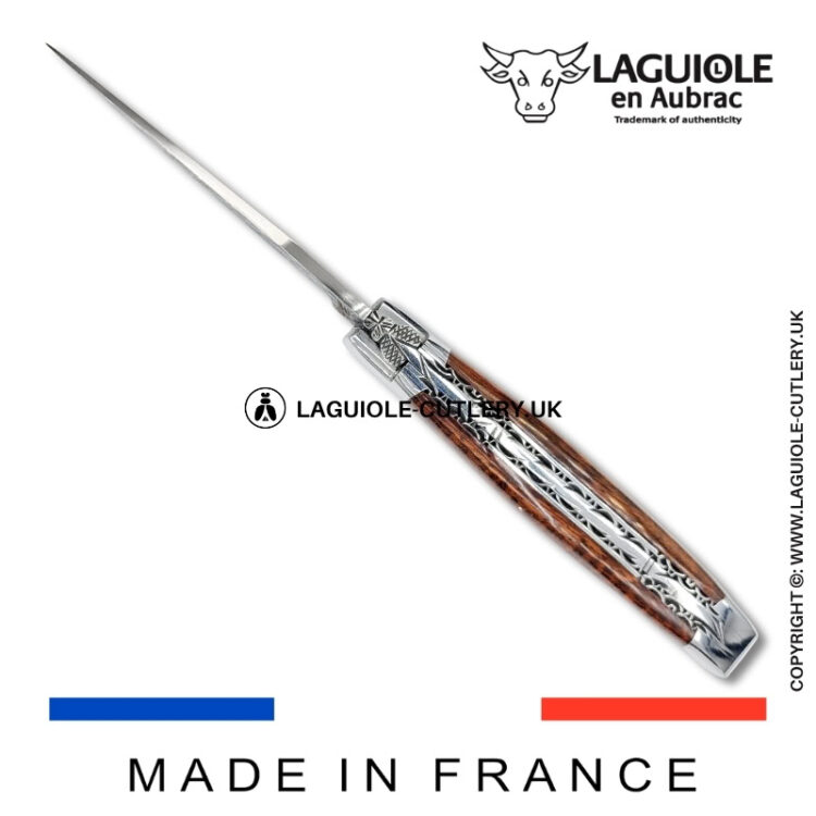 laguiole pocket knife double plates in snakewood with damascus blade