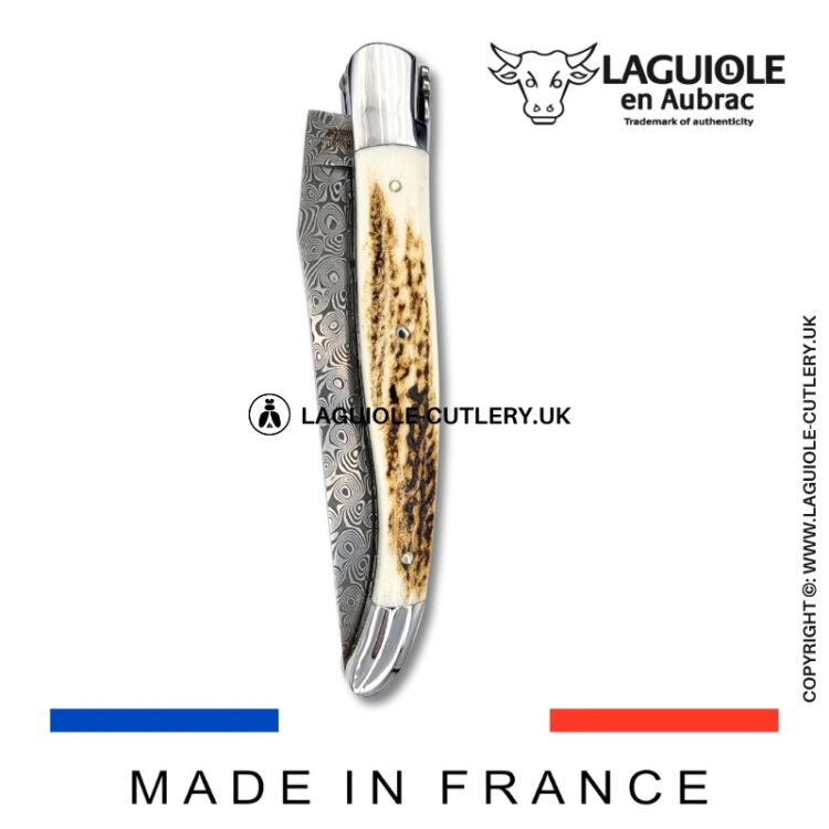 laguiole pocket knife double plates in stag horn with damascus blade