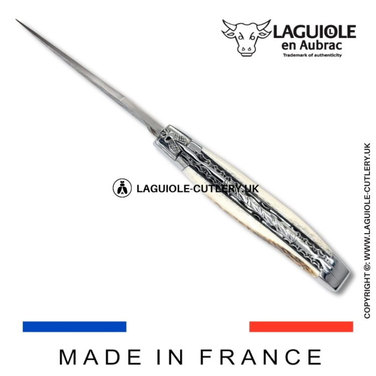 laguiole pocket knife double plates in stag horn with damascus blade