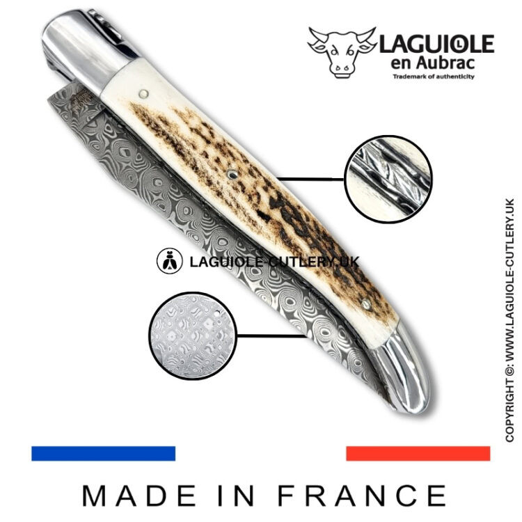 laguiole pocket knife double plates in stag horn with damascus blade