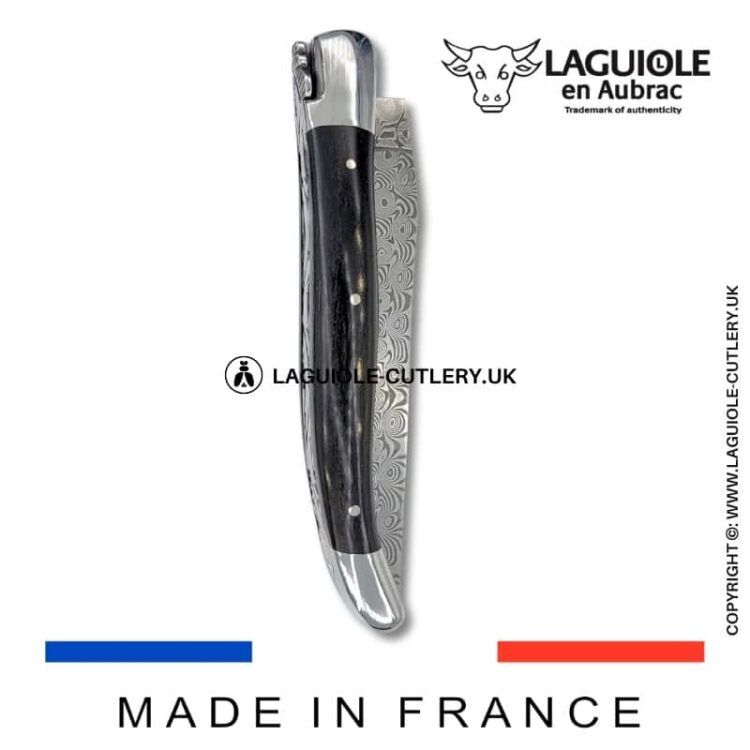 laguiole pocket knife in ebony wood with damascus blade & hand engraved plates