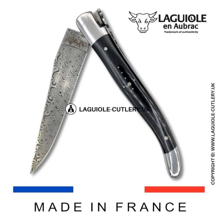 laguiole pocket knife in ebony wood with damascus blade & hand engraved plates