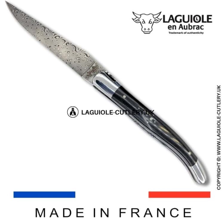 laguiole pocket knife in ebony wood with damascus blade & hand engraved plates