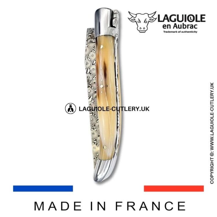 laguiole pocket knife in horn tip with damascus blade & hand engraved plates