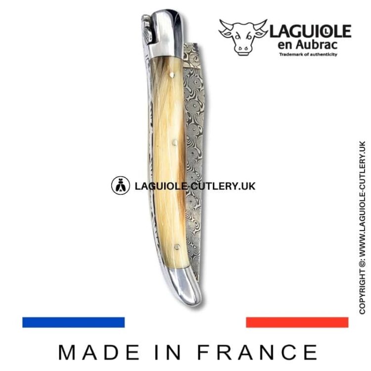 laguiole pocket knife in horn tip with damascus blade & hand engraved plates