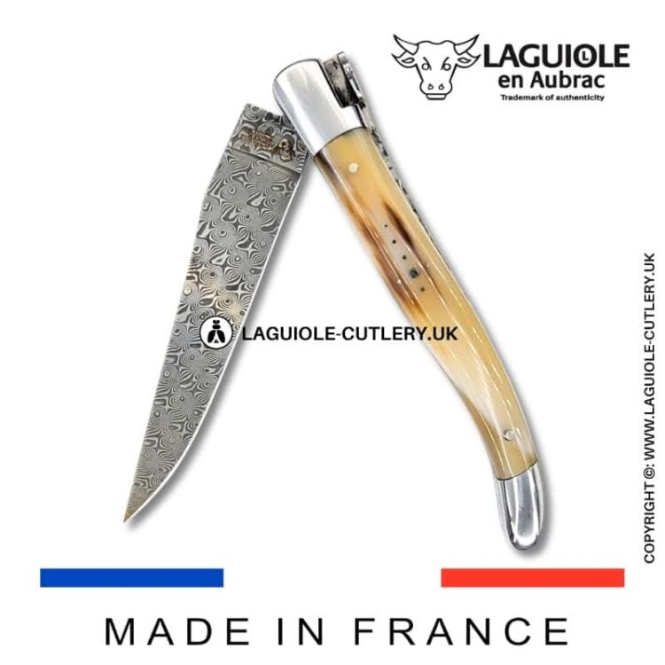 laguiole pocket knife in horn tip with damascus blade & hand engraved plates