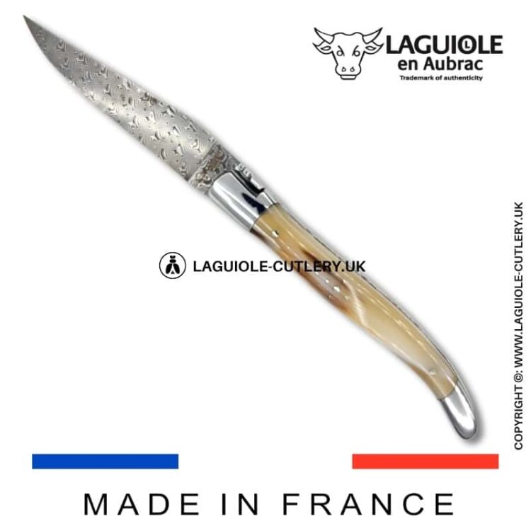 laguiole pocket knife in horn tip with damascus blade & hand engraved plates