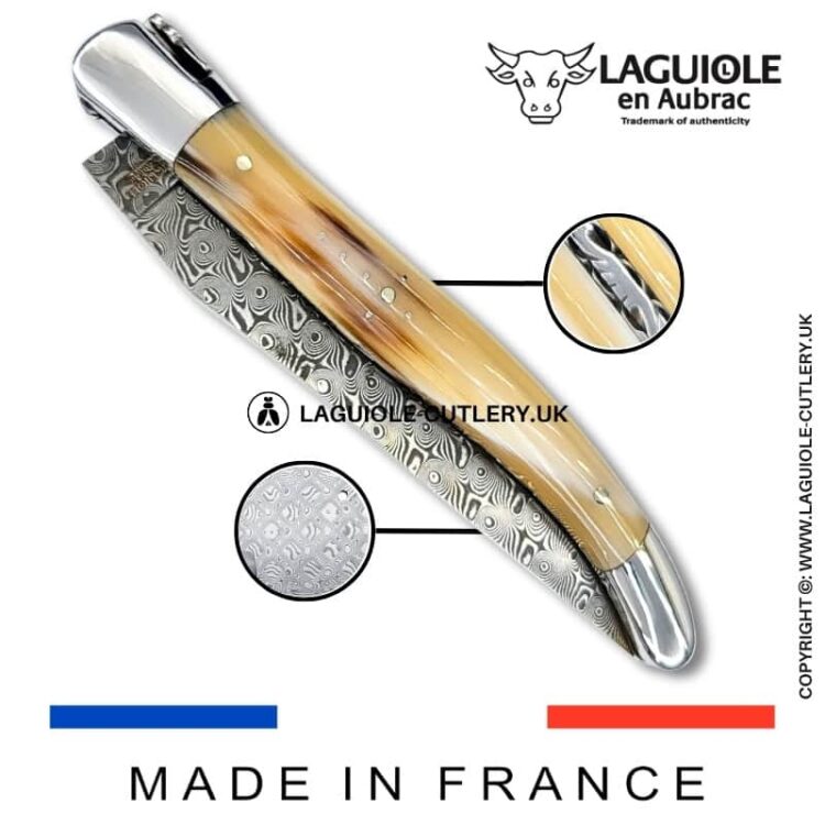 laguiole pocket knife in horn tip with damascus blade & hand engraved plates